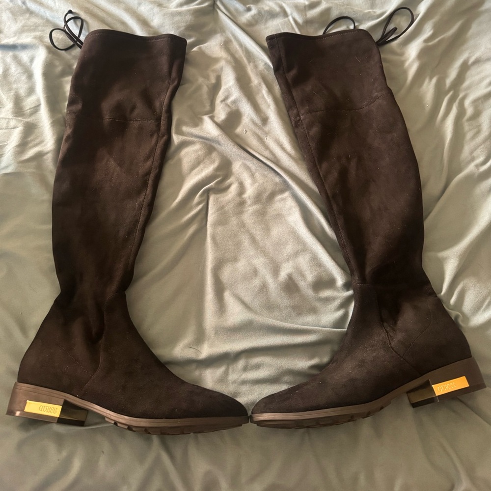 Guess Black Suede Ankle Boot with Gold Logo Accent